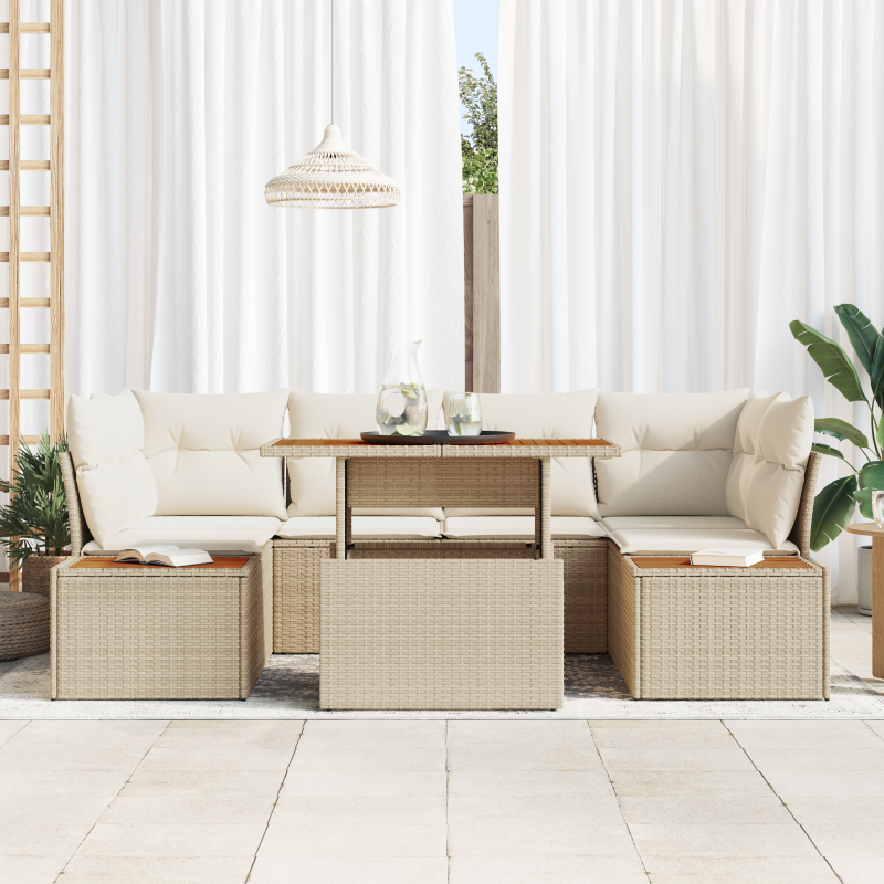 6-teiliges Garten Sofa Set mit Kissen Beige Poly Rattan