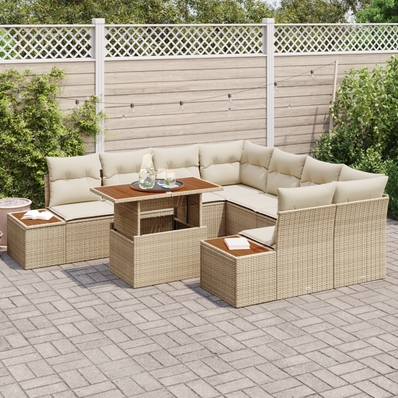 9-teiliges Garten Sofa Set mit Kissen Beige Poly-Rattan