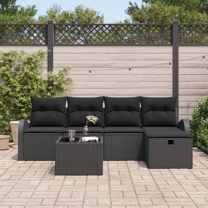 7-teiliges Garten-Sofa-Set mit Kissen Schwarz Poly-Rattan
