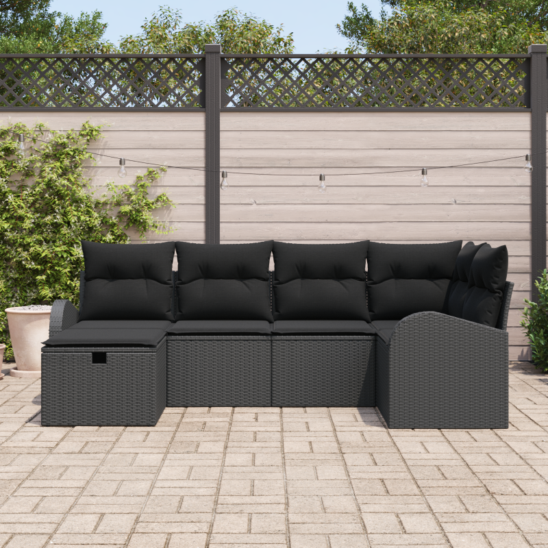 9-teiliges Garten-Sofa-Set mit Kissen, schwarzes Poly-Rattan