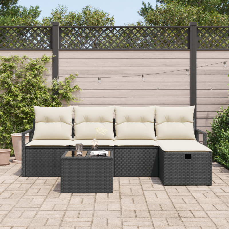 6-teiliges Garten Sofa Set mit Kissen Schwarz Poly Rattan
