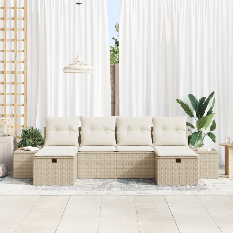 6-teiliges Garten Sofa Set mit Kissen Beige Poly Rattan