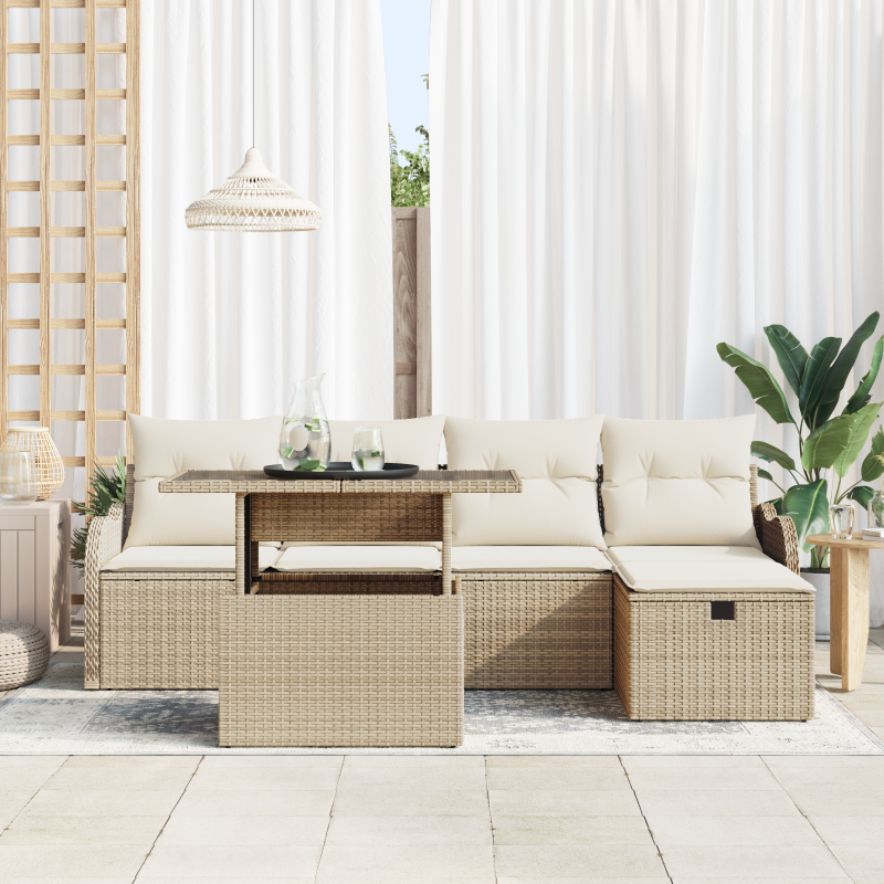 6-teiliges Garten-Sofa-Set mit Kissen in Beige aus Poly-Rattan