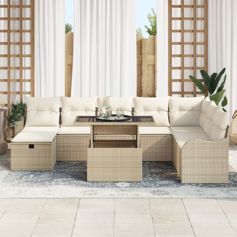 9-teiliges Garten-Sofa-Set mit Kissen Beige Poly-Rattan