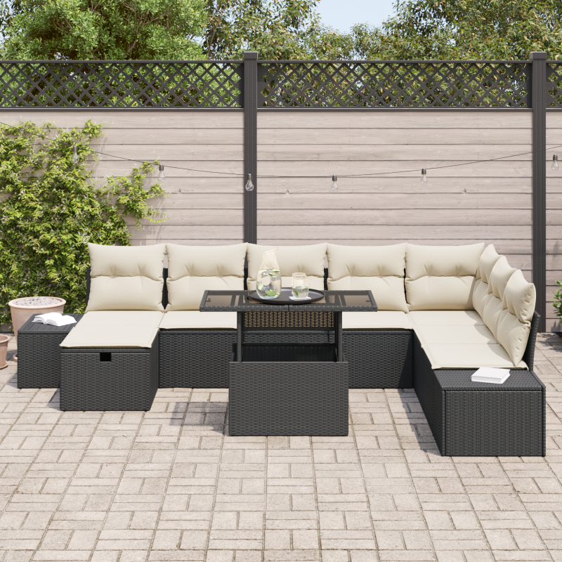 9-teiliges Garten Sofa Set mit Kissen Schwarz Poly Rattan