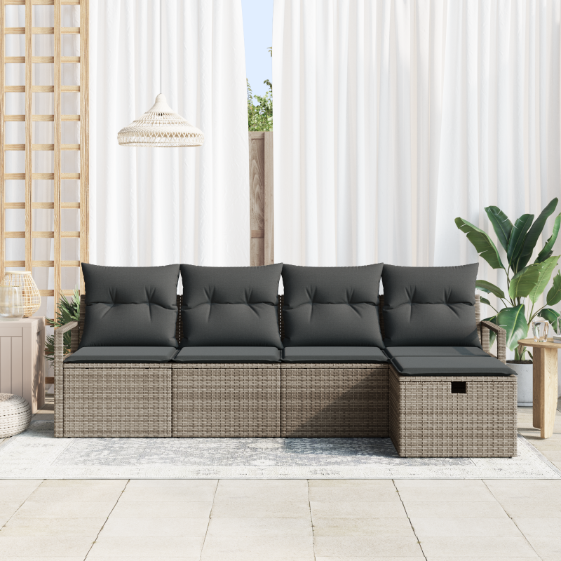 5-teiliges Garten Sofa Set mit Kissen Graues Poly Rattan