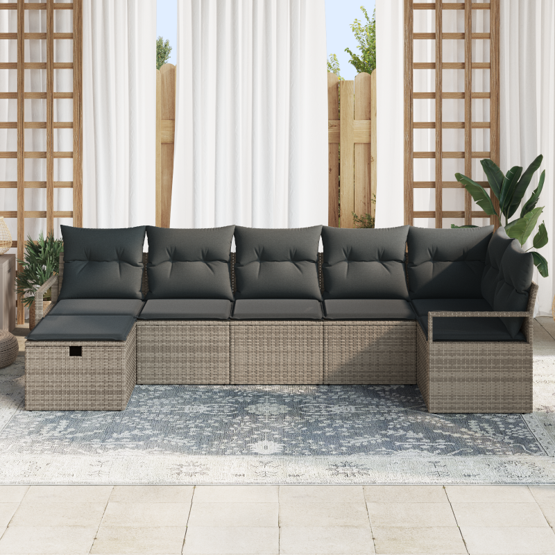 7-teiliges Garten Sofa Set mit Kissen Grau Poly Rattan