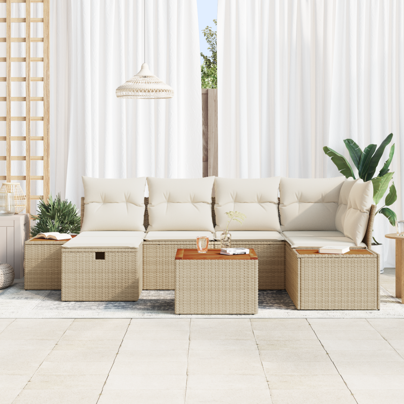 7-teiliges Garten Sofa Set mit Kissen Beige Poly Rattan