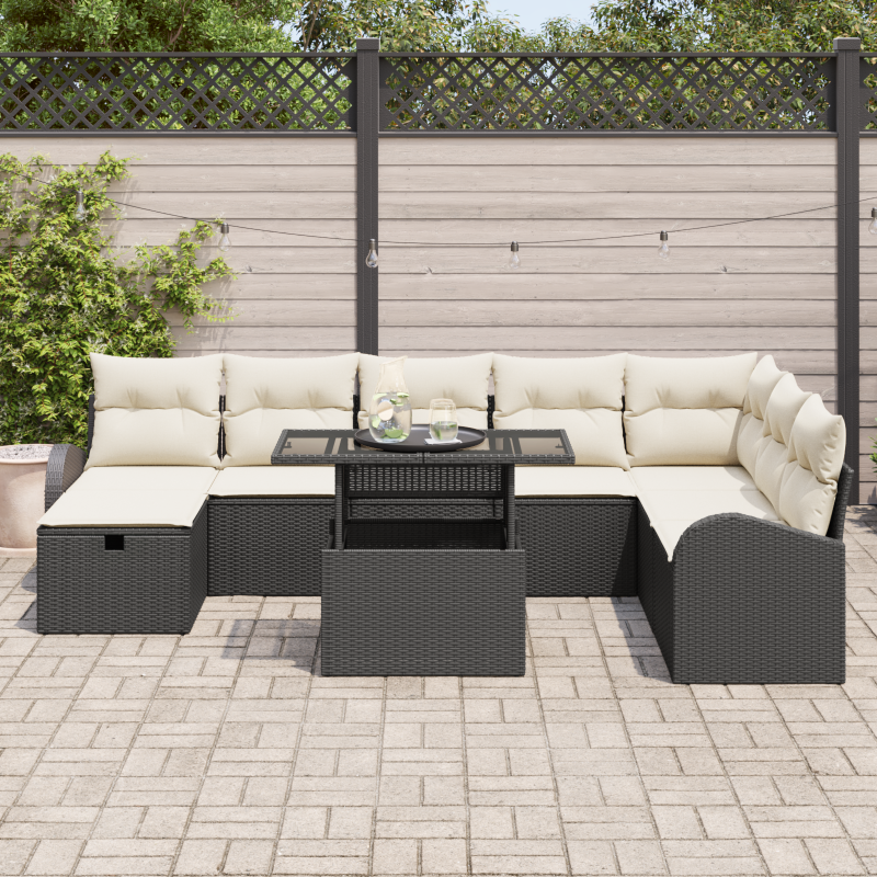 9-teiliges Garten Sofaset mit Kissen Schwarz Poly Rattan