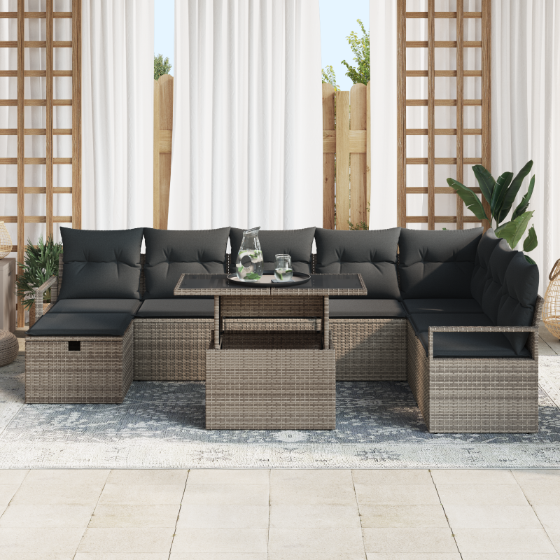9-teiliges Garten Sofa Set mit Kissen Grau Poly Rattan