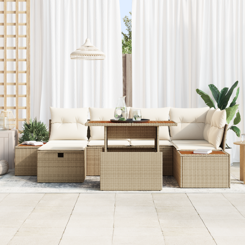 7-teiliges Garten-Sofa-Set mit Kissen Beige Poly-Rattan Akazie