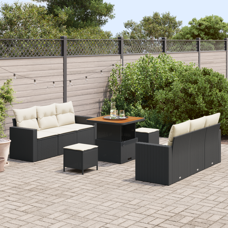 5-teiliges Garten-Essset mit Kissen Schwarz Poly-Rattan