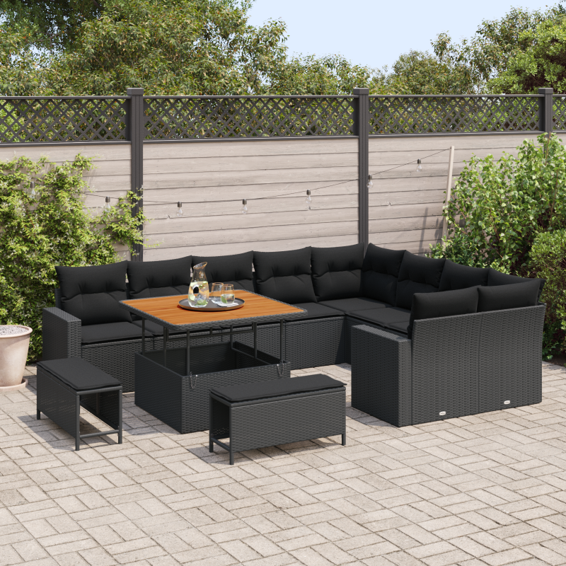 12-teiliges Garten Sofa Set mit Kissen Schwarz Poly Rattan Akazie