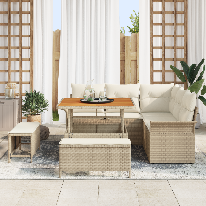 8-teiliges Garten-Sofa-Set mit Kissen Beige Poly Rattan Akazie