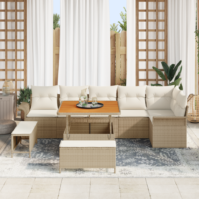 9-teiliges Garten Sofa Set mit Kissen Beige Poly Rattan Akazie