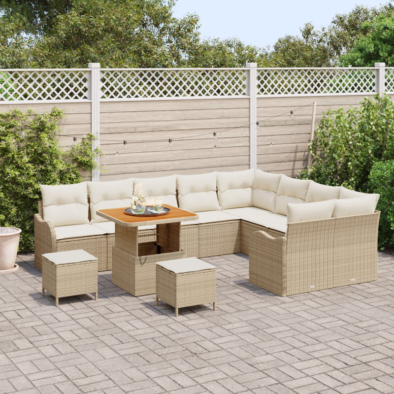 12-teiliges Garten Sofa Set mit Kissen Beige Poly Rattan Akazie