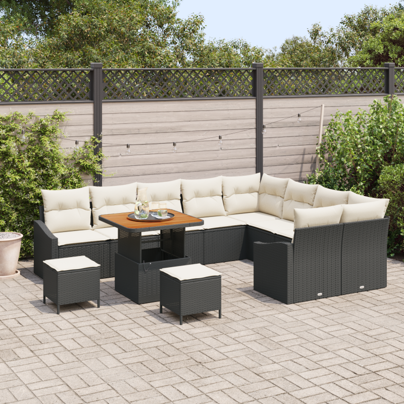 12-teilige Garten Sofa Set mit Kissen Schwarz Poly Rattan Akazie