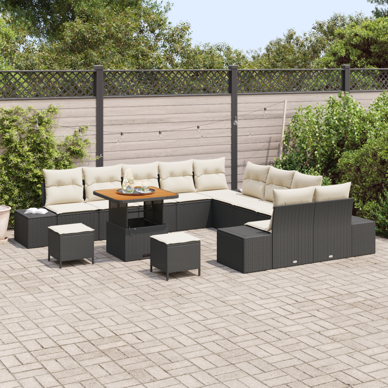 13-teilige Garten Sofa Set mit Kissen Schwarz Poly Rattan Akazie