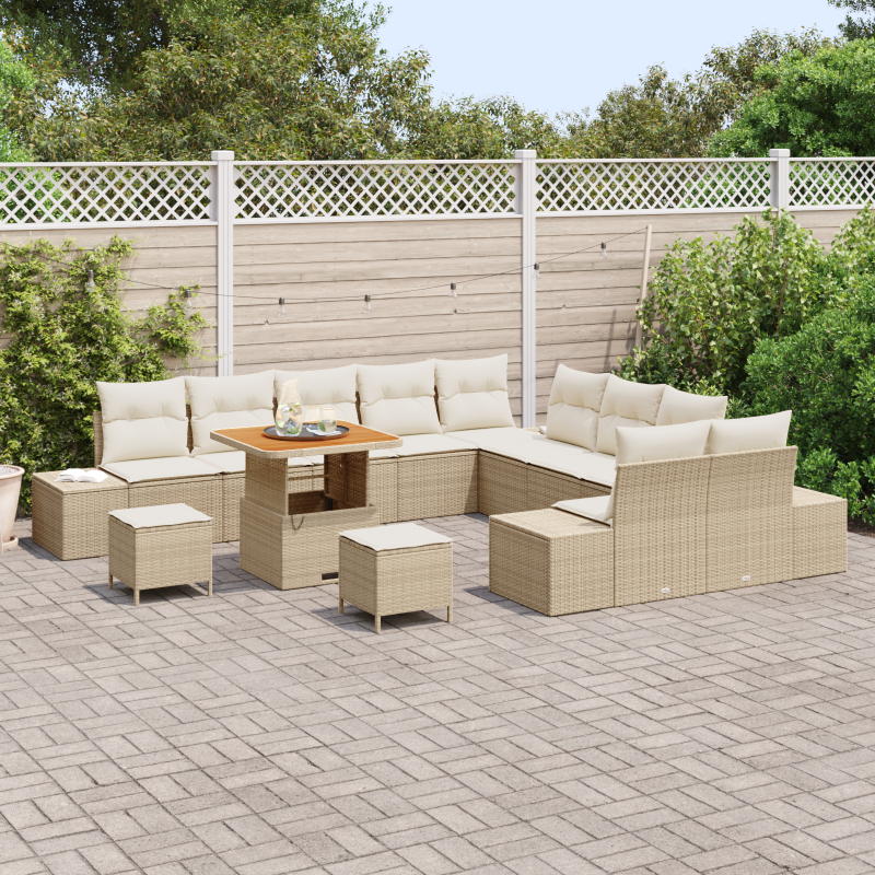 13-teilige Garten Sofa Set mit Kissen Beige Poly Rattan Akazie