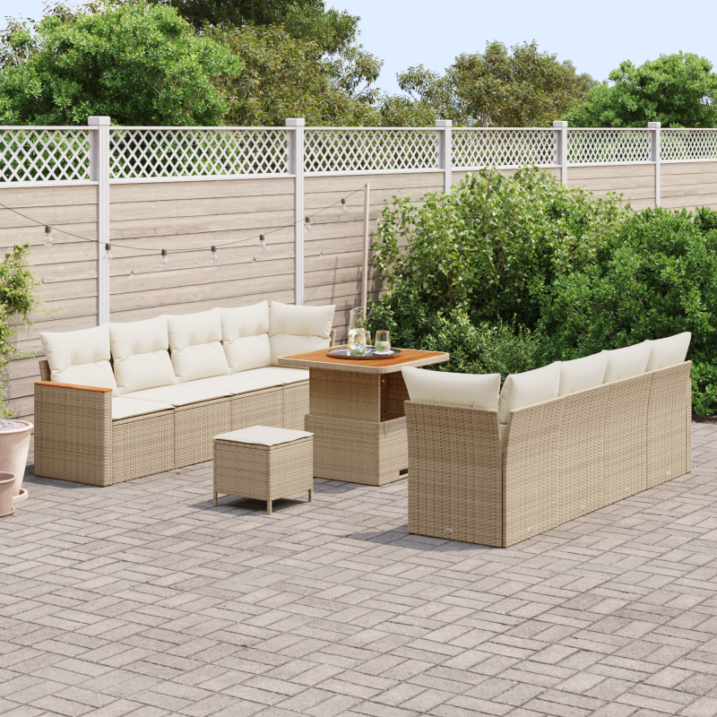 11-teiliges Garten Sofa Set mit Kissen Beige Poly Rattan Akazie