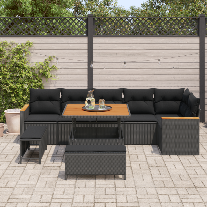 9-teiliges Garten Sofa Set mit Kissen Schwarz Poly-Rattan Akazie