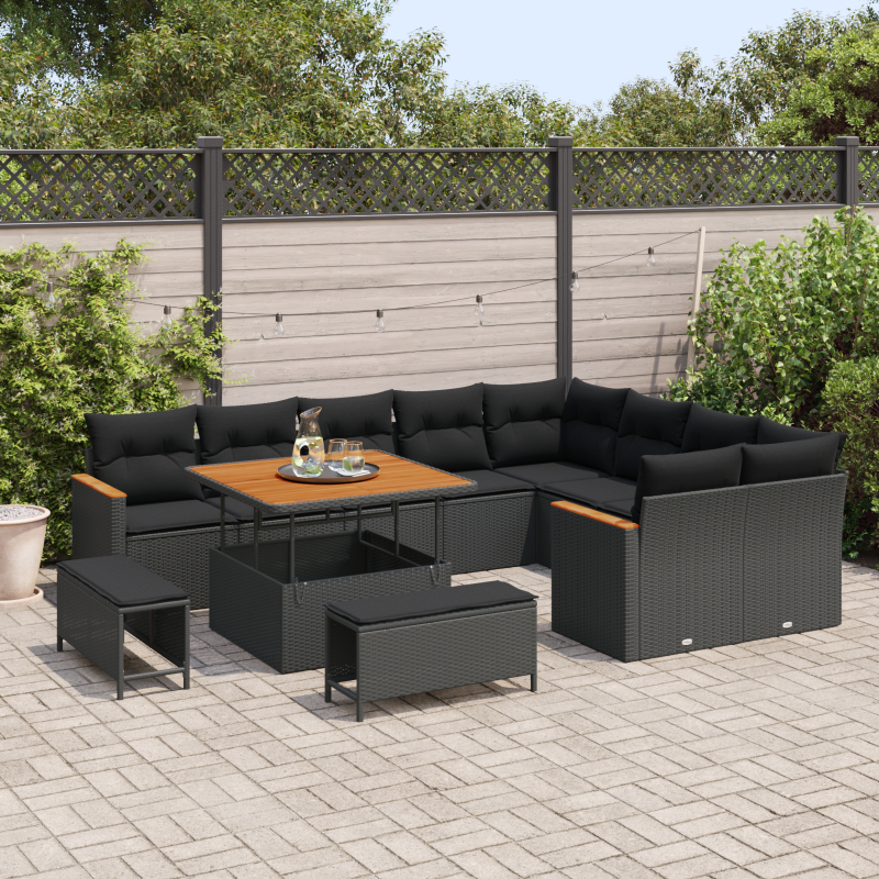 12-teiliges Gartensofa Set mit Kissen Schwarz Poly-Rattan Akazie