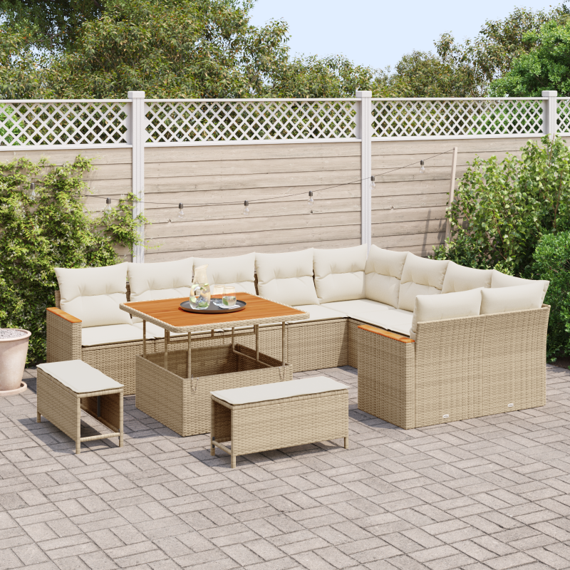 12-teiliges Garten-Sofa-Set mit Kissen Beige Poly Rattan Akazie