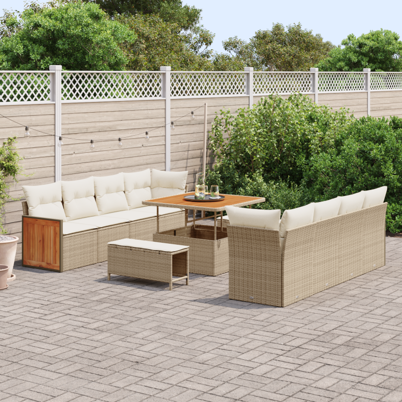 11-teilige Garten-Sofa-Set mit Kissen Beige Poly Rattan Akazie