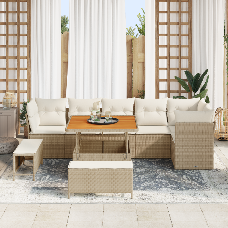 9-teiliges Garten Sofa Set mit Kissen Beige Poly Rattan Akazie