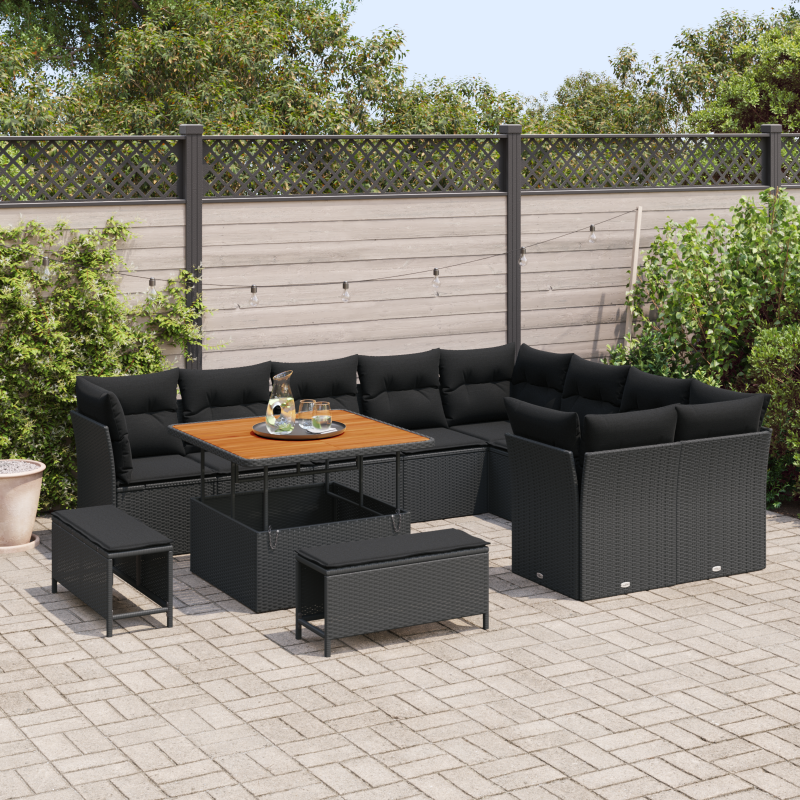12-teiliges Garten Sofa Set mit Kissen Schwarz Poly Rattan Akazie