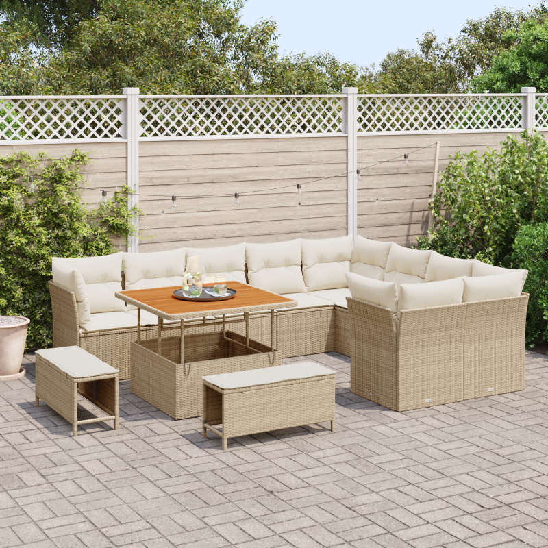 12-teiliges Garten-Sofa-Set mit Kissen Beige Poly Rattan Akazie