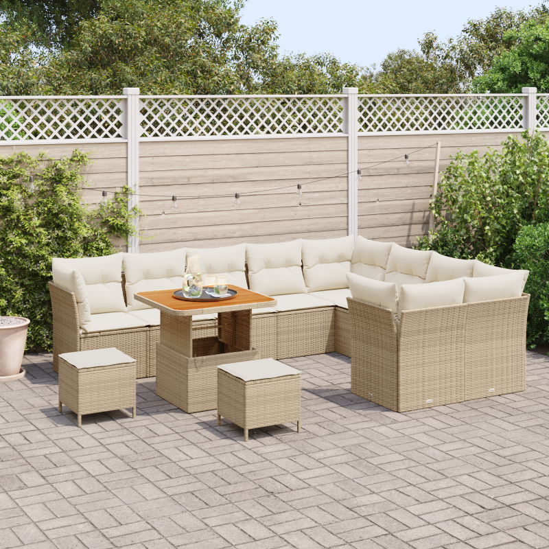 12-teiliges Garten Sofa Set mit Kissen Beige Poly Rattan Akazie