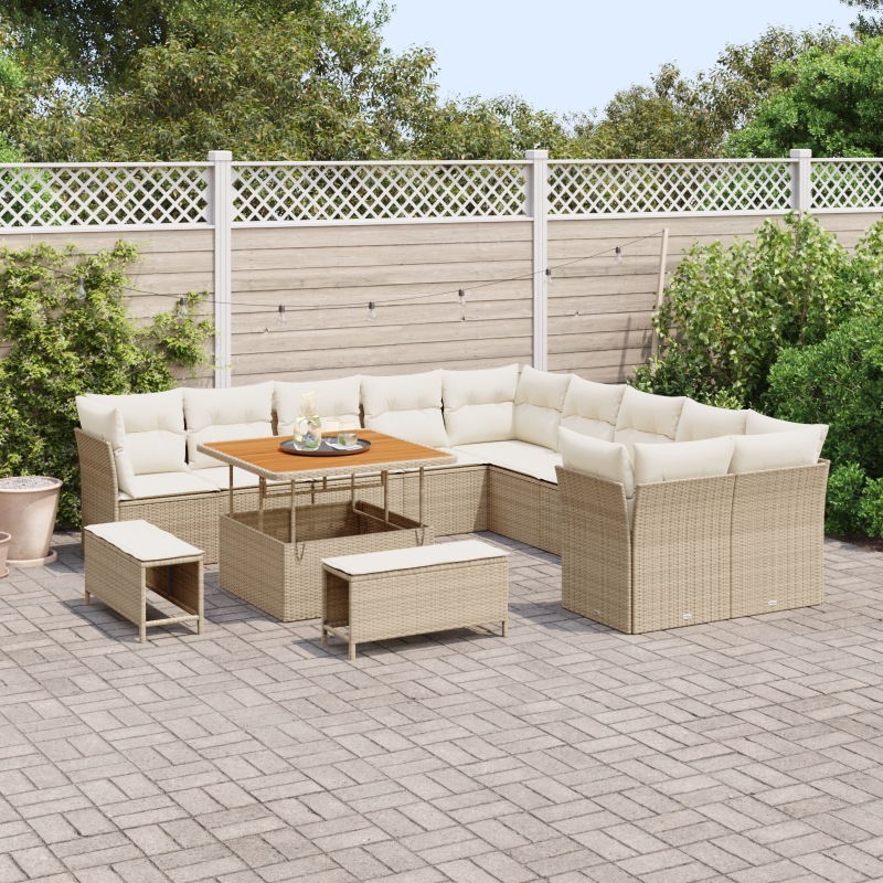 13-teiliges Garten Sofa Set mit Kissen Beige Poly Rattan Akazie