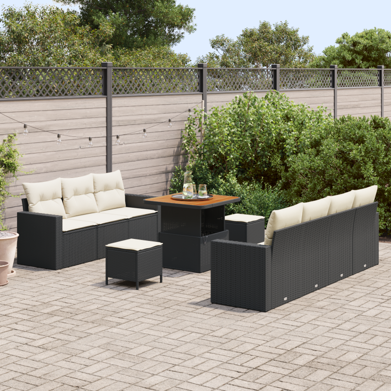 10-teiliges Garten-Sofa-Set mit Kissen Schwarz Poly Rattan Akazie