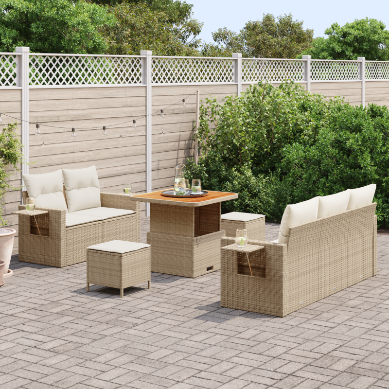 8-teiliges Garten-Sofa-Set mit Kissen Beige Poly-Rattan Akazie