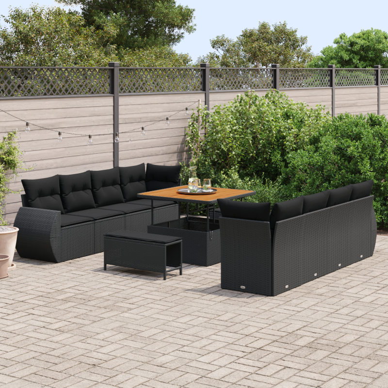 11-teiliges Garten Sofaset mit Kissen Schwarz Poly Rattan Akazie