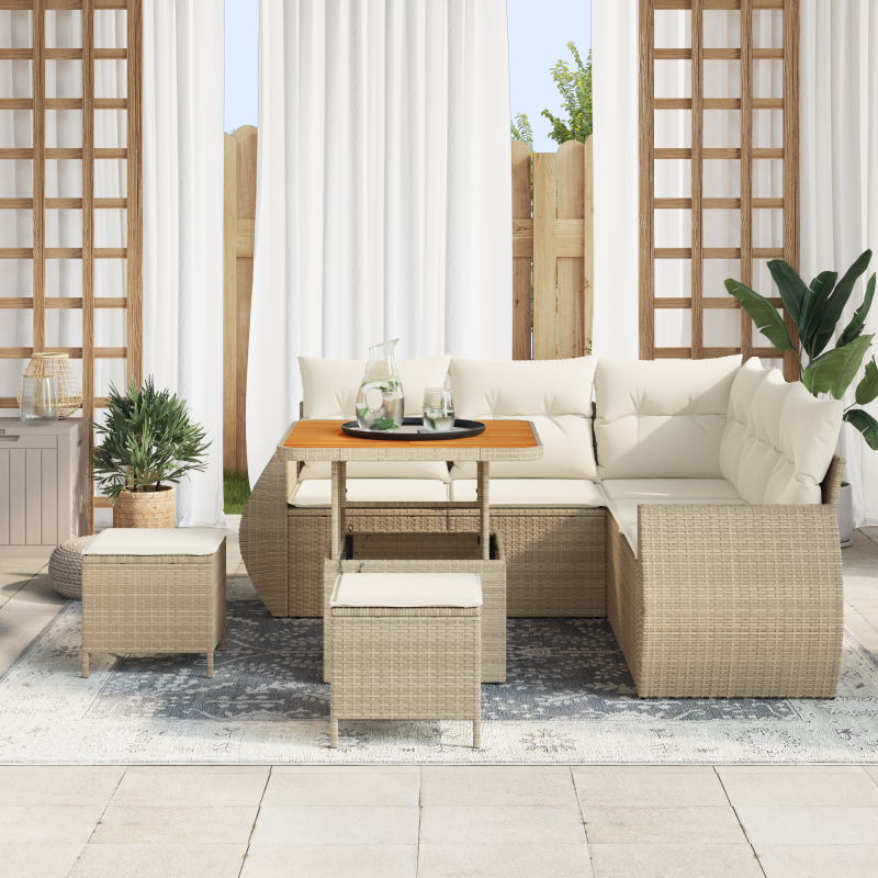 8-teilige Garten Sofa Set mit Kissen Beige Poly Rattan Akazie