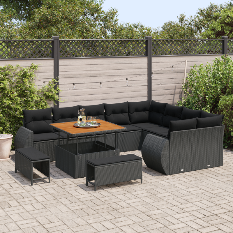 12-teiliges Garten Sofa Set mit Kissen Schwarz Poly Rattan Akazie