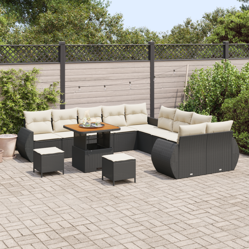 13-teilige Garten Sofa Set mit Kissen Schwarz Poly Rattan Akazie