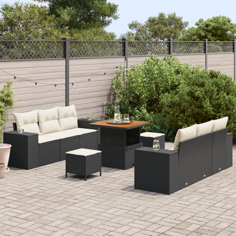 9-teiliges Garten-Sofa-Set mit Kissen in Schwarz, Poly Rattan, Akazie