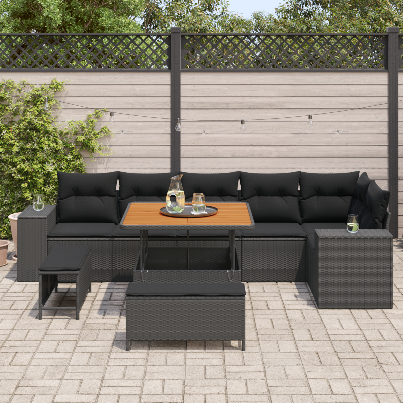 9-teiliges Garten Sofaset mit Kissen Schwarz Poly-Rattan Akazie