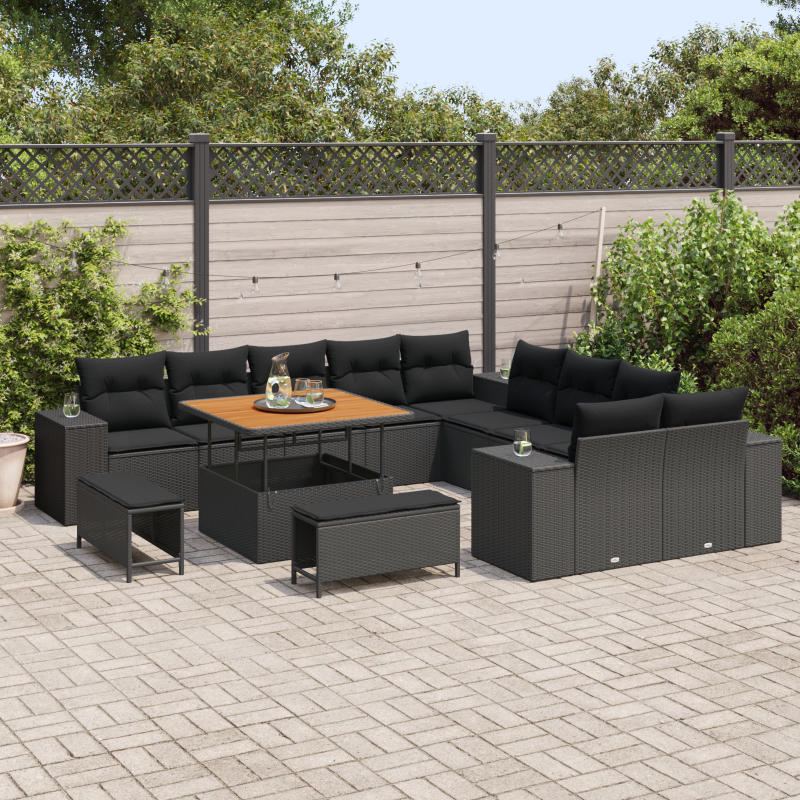 13-teiliges Garten-Sofa-Set mit Kissen Schwarz Poly-Rattan Akazie