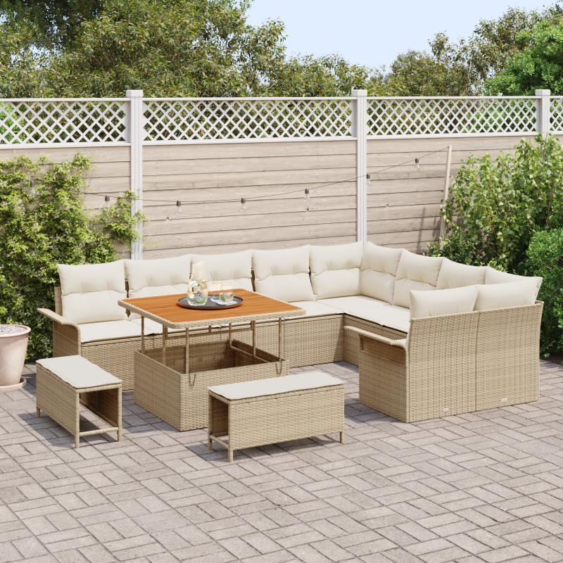 12-teiliges Garten-Sofa-Set mit Kissen Beige Poly Rattan Akazie