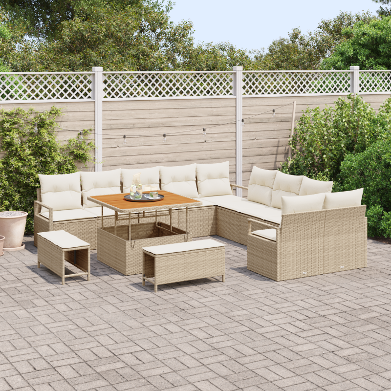 13-teiliges Garten Sofa Set mit Kissen in Beige aus Poly Rattan und Akazie