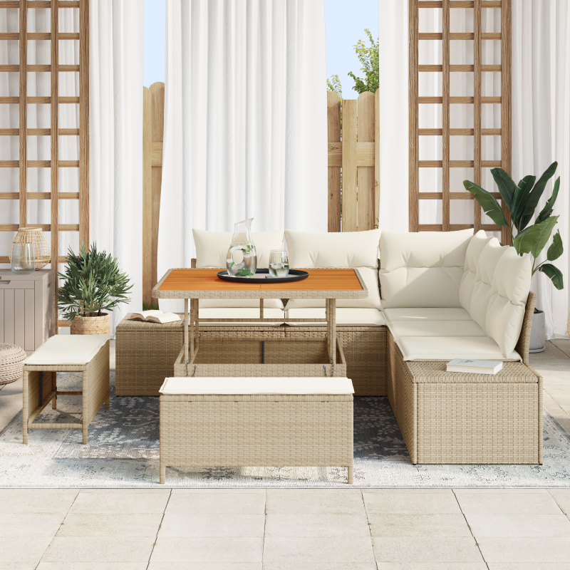 8-teiliges Garten Sofaset mit Kissen Beige Poly Rattan Akazie