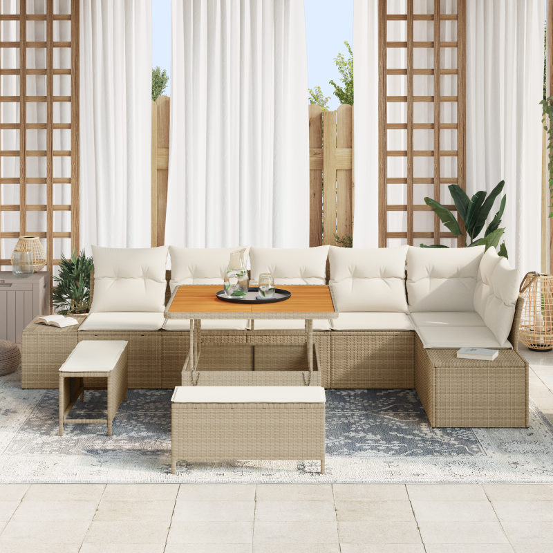 9-teilige Garten Sofagarnitur mit Kissen in Beige Poly Rattan