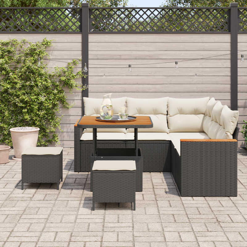 8-teiliges Garten Sofa Set mit Kissen Schwarz Poly Rattan Akazie