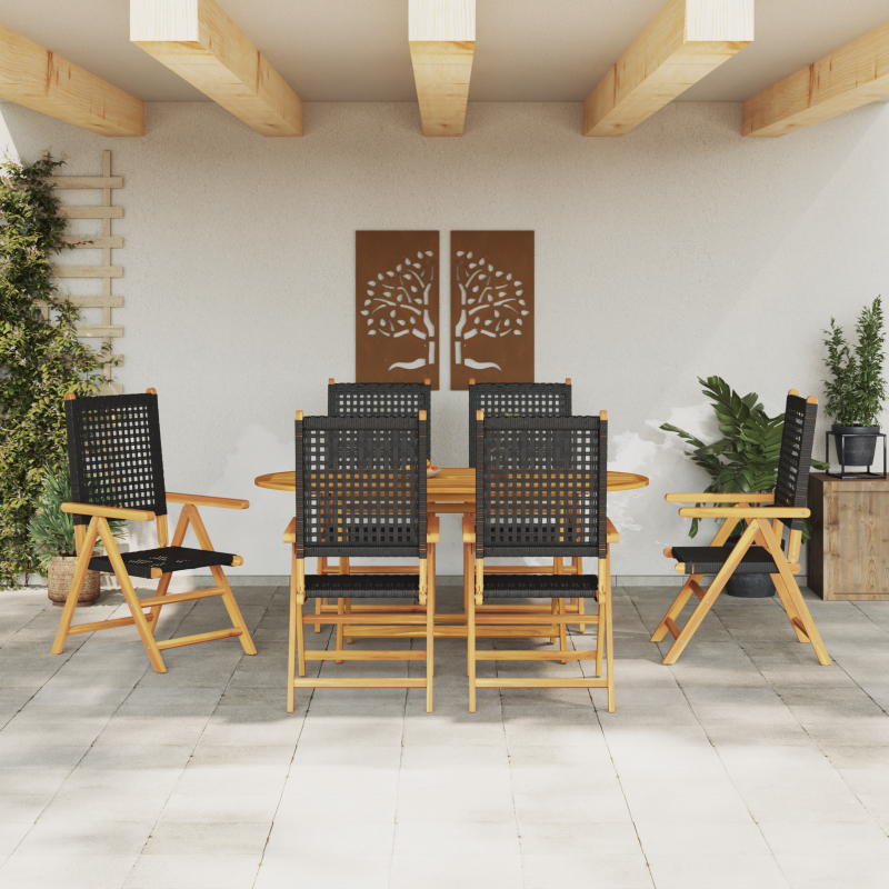 7-teilige Garten Essgruppe Schwarz Massivholz Akazie und Poly Rattan