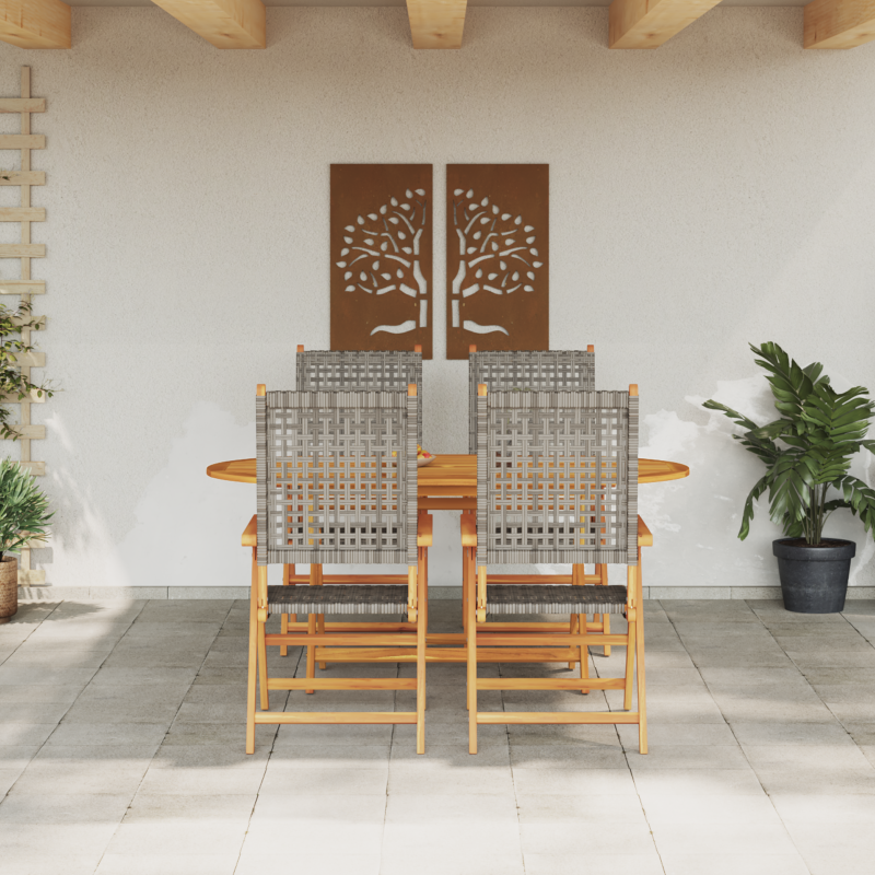 5-teiliges Garten-Esszimmer-Set in Grau aus massivem Akazienholz und Polyrattan