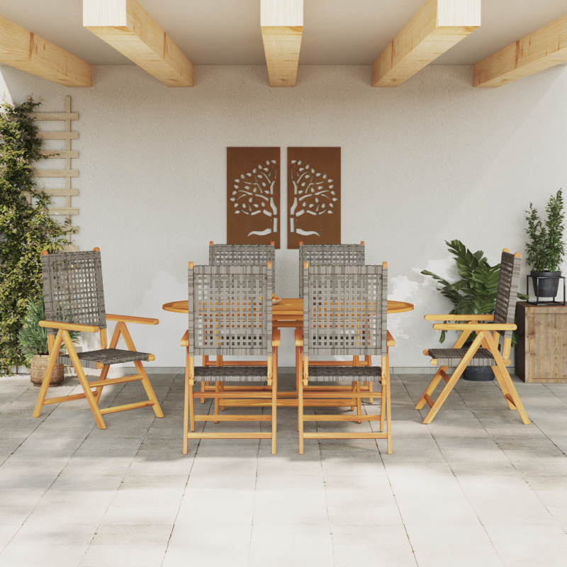 7-teiliges Garten-Esszimmer-Set in Grau aus massivem Akazienholz und Poly-Rattan
